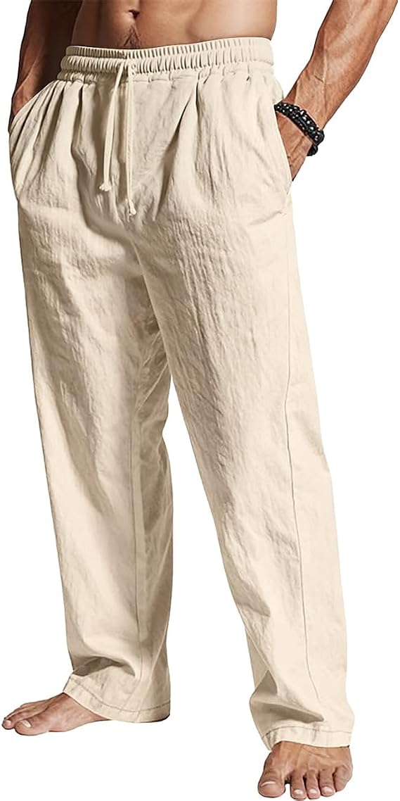 Men's Casual Linen Pants Loose Fit Drawstring Waist Lightweight Linen Trousers Summer Yoga Beach Long Pants