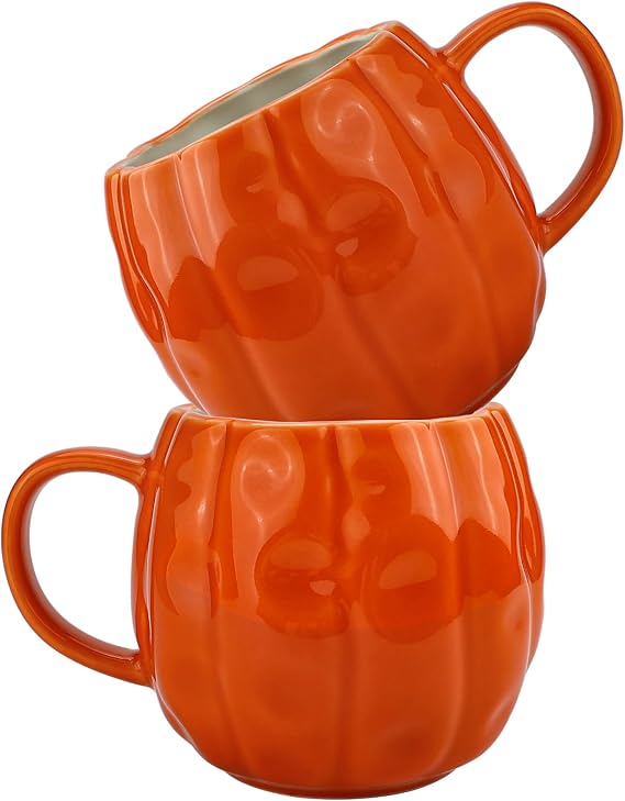 Pumpkin Mugs Set of 2 - Large Ceramic Fall Coffee Mugs 17 OZ
