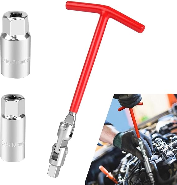Pack-2 Car Spark Plug Socket Wrench Kit, 360 Degree Multi-Angle Spark Plug Tool, T-Handle Non-Slip Socket Disassembly Set with 5/8"/16mm 13/16"/21mm Wrench, Universal for Cars (Red & Silver)