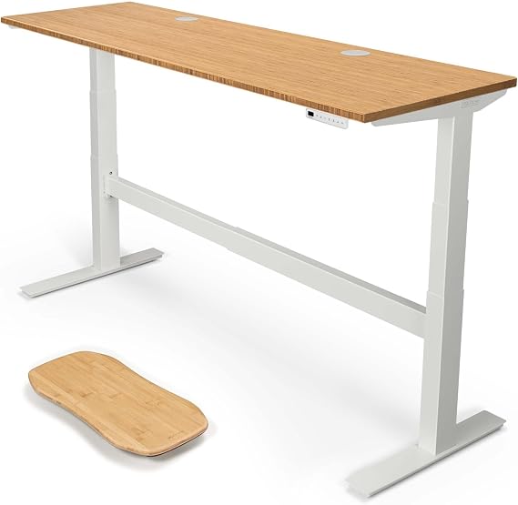UPLIFT DESK Bamboo (72 x 24 inch) Standing Desk 2-Leg V2-Commercial Adjustable Stand Up C-Frame (White), Advanced Keypad, Wire Grommets, Wire Tray, Rocker Board
