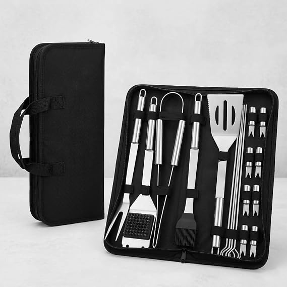 Profesyonel Barbekü Seti 20 Parça Çantalı Paslanmaz Çelik Mangal Maşa Spatula Fırça Şiş 723132