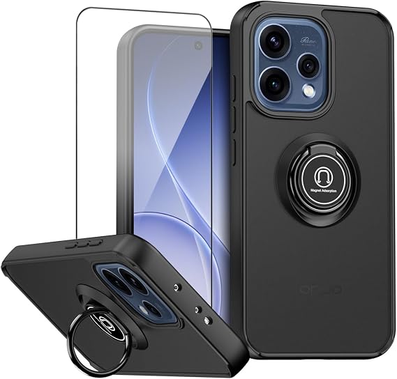 QUIETIP Case for Oppo Reno 15 with Screen Protector,Magnetic Ring Car Stand Translucent Matte Drop Protection Cover,Black