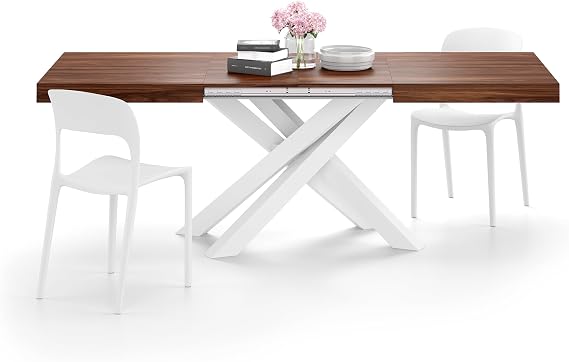 Mobili Fiver, Emma 55.11(86.6) x35.4 in Extendable Table, Canaletto Walnut with White Crossed Legs, Made in Italy