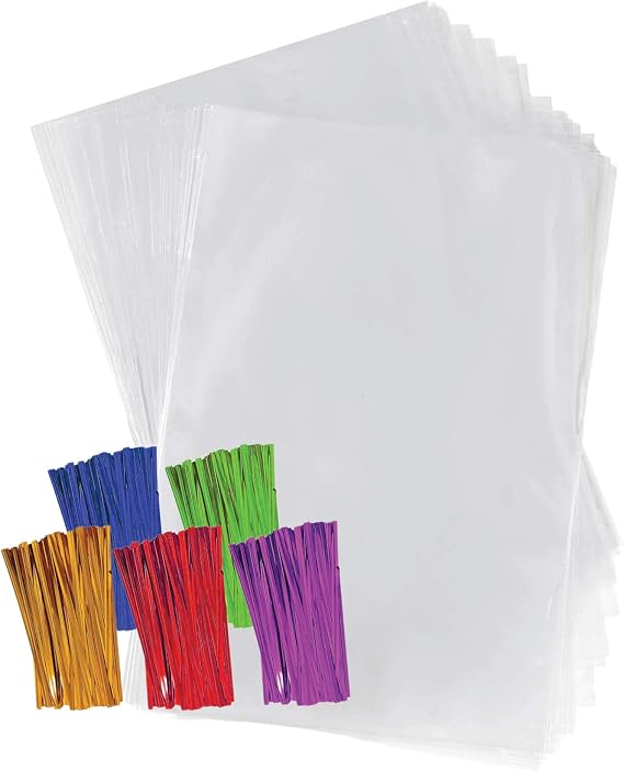 Purple Q Crafts Clear Plastic Cellophane Bags with 4" Colored Twist Ties for Gifts Party Favors (8"x10" 50 Pack)