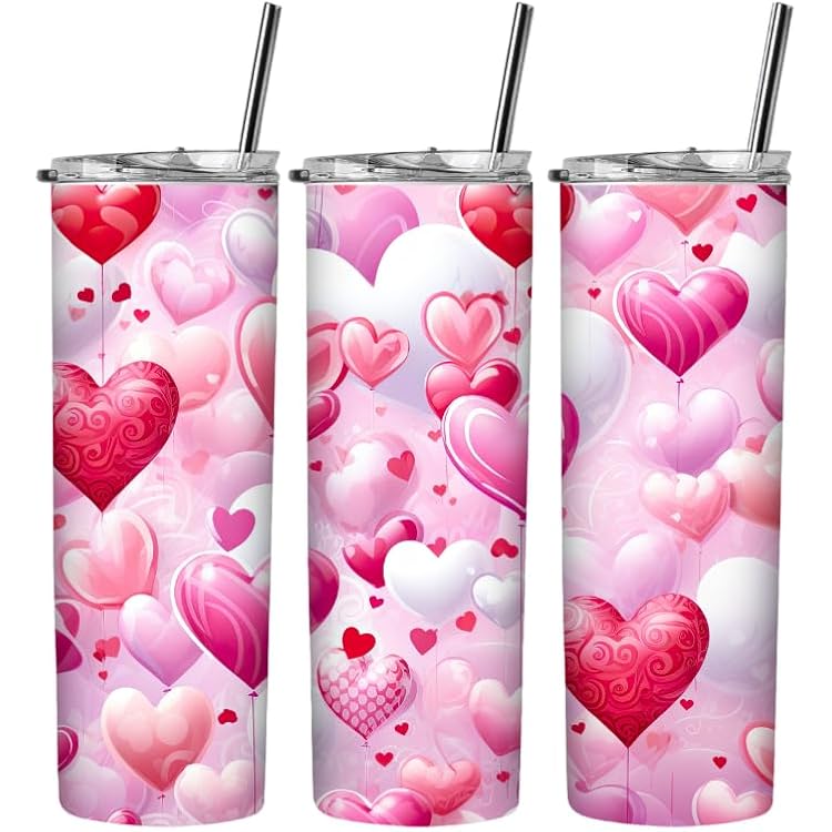 Valentine Hearts Tumbler Wraps - Valentines Sublimation Tumbler Wrap - Ready to Press, Pre-Printed, Skinny, Straight, 20 oz, Sublimation Tumbler Wrap