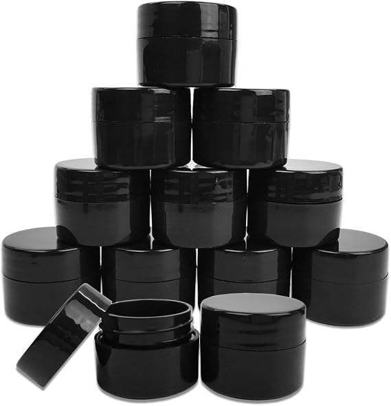 Beauticom 12 Pieces 7G/7ML (0.25oz) Black Sturdy Thick Double Wall Plastic Container Jar with Foam Lined Lid for Lotion, Creams, Toners, Lip Balms, Makeup Samples - BPA Free