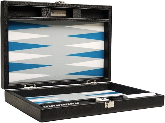 13-inch Premium Backgammon Set - Travel Size - Black Board, White and Astral Blue Points