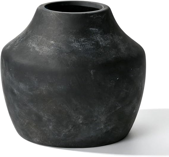 Rustic Vintage Black-Gray Terracotta Pot, 5.3 Inch Aged Ceramic Vase for Dried/Fresh Flowers, Handcrafted Round Planter for Farmhouse, Boho Home Decor, Living Room, Entryway, Airbnb Styling