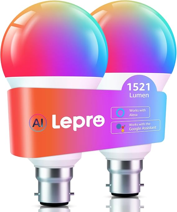 Lepro B22 AI Smart Bulb, 1520lm Dimmable WiFi Light Bulb, 12W=100W, 2 Packs [Energy Class E]