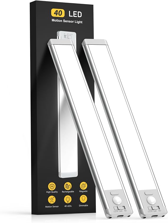 40 LED Şarj Edilebilir Hareket Sensörlü Dolap Altı Aydınlatma, 2’li Paket, Manyetik Montajlı, Kısılabilir Kablosuz LED Işık – Mutfak, Dolap, Merdiven ve Tezgah Altı İçin