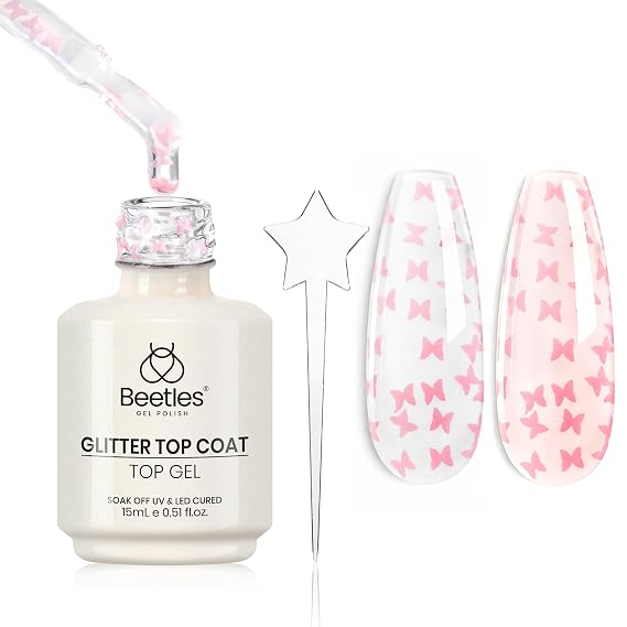 Beetles Pink Butterfly Glitter Gel Top Coat, 15ml No Wipe UV LED