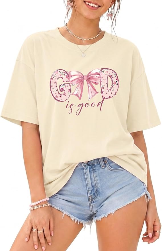 KEEVICI God is Good Shirt Christian Jesus Bow Oversized T Shirts for Women Religious Faith Cute Graphic Tees Bible Verse Tops