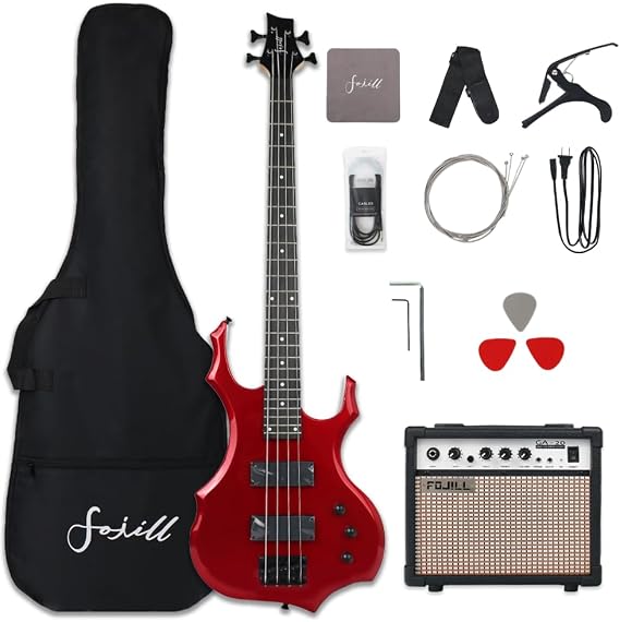 Fojill Cool Shape 4 Four String Electric Bass Guitar 20W Amplifier Amp Right Hand Beginner Starter Kit Set Combo Bundle Accessory Gig Bag,Strap,Picks,Capo,Noiselss Cable,Strings(Metallic Red)