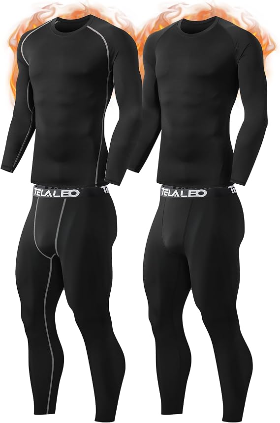 2 Set Mens Thermal Underwear Fleece Lined Long Johns Baselayer Shirts