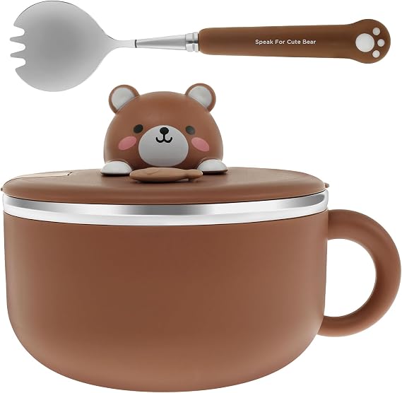 1200ml Ramen Bowl, Stainless Steel Noodle Bowls with Lid and Spork Heat Resistant Speedy Ramen Cooker Soup Bowl with Handles, Portable Pasta Salad Bowls for Dorm Office College (Brown)