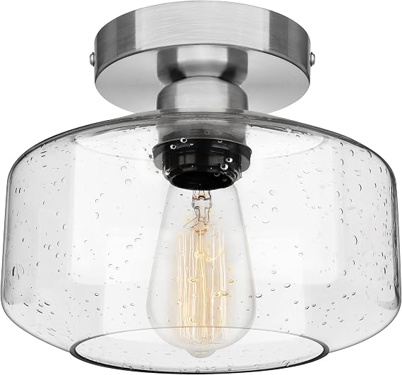 SunRider Semi Flush Mount Ceiling Light Fixtures, Brushed Nickel Industrial Seeded Glass Lamp, Silver Ceiling Light for Kitchen Hallway Porch Bedroom