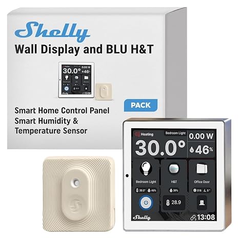 Shelly Wall Display Beyaz + Blu H&T Fildişi (Paket), WLAN Akıllı Ev Kontrol Paneli, Termostat, Entegre 5A Röle, Nötr İletken Gerekli, Çevre Verileri, Kontrol Merkezi, Alexa ve Google Home