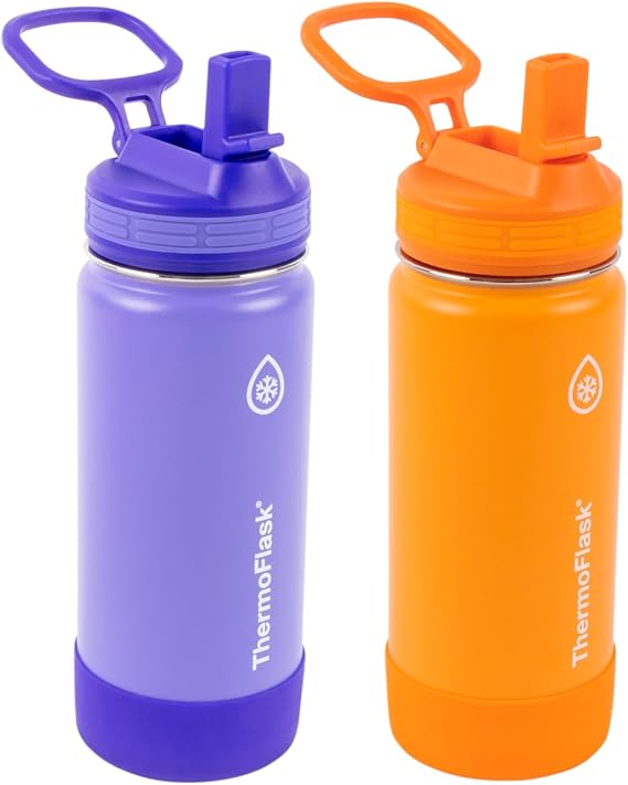 ThermoFlask Paquete de 2 botellas de agua de acero inoxidable con aislamiento al aspiradora de doble pared, 16 onzas, morado/naranja