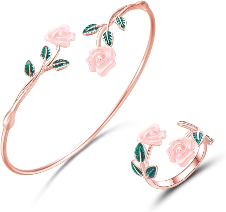 2pcs Red Rose Jewelry Set Exquisite Pink Rose Bracelet For Women Vintage Flower Ring Sexy Plated Collar Gold Red Accessories Fashion Jewelry For