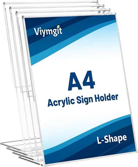 Viymgit A4 Acrylic Sign Holder, 4 Pack Clear Table Perspex Display Stand, Plastic Vertical L-Shape Menu Poster Holder for Restaurant, Office, Exhibition, Store
