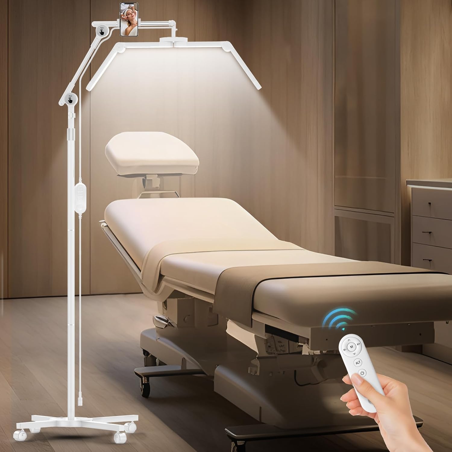 CGBE 3-Segment Foldable Lash Lamp: Lash Light with Rolling Base for Lash Technicians - Adjustable Height & Angle Eyelash Light with Phone Holder for Esthetician Tattoo, White [Energy Class F]