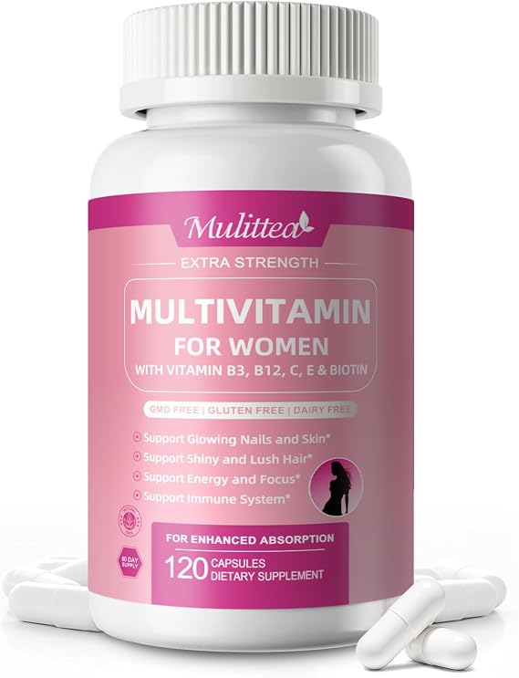 Mulittea Multivitamin for Women - 18+ Daily Women Multivitamin w/Biotin 10000mcg, Vitamin A, C, D, E & More for Hair, Skin and Nails - Methylated B9,B12 for Energy & Focus -120 CT