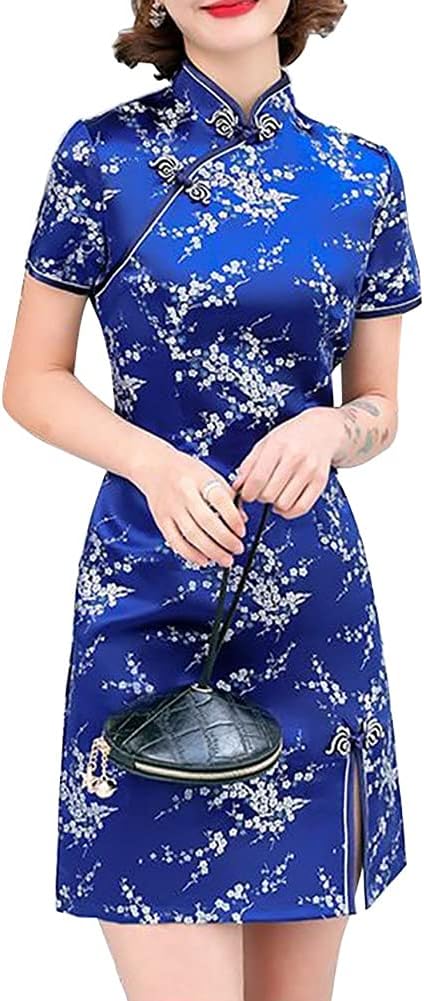 Cheongsam Costume Short Sleeve Side Slit Floral Print Mandarin Collar Vintage Chinese Evening Mini Bodycon Cocktail Outfit