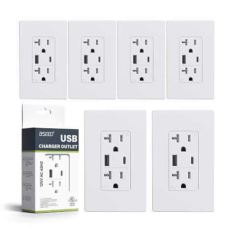 BSEED USB Outlet, 20 Amp Wall Outlet with Type A & Type C Ports, Charging Power Outlet with USB Ports, Tamper Resistant Receptacle, Wall Plate Included, UL Listed, White, 6 Pack