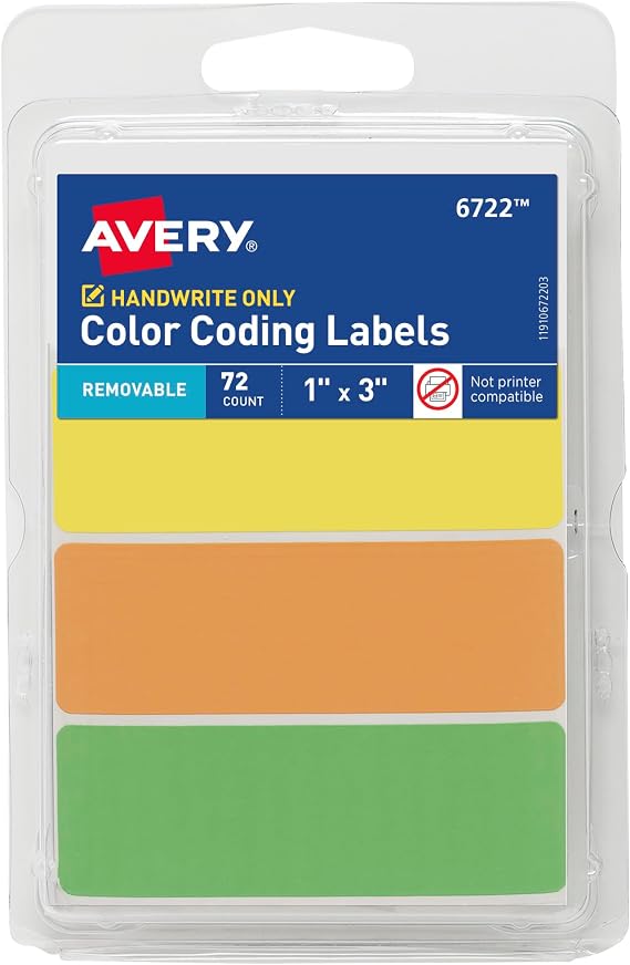 Avery Color-Coding Removable Labels, 1" x 3", Assorted Neon Colors, Non-Printable, 72 Blank Labels Total (6722)
