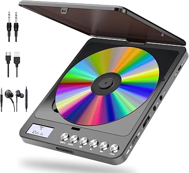 Portable CD Player with Bluetooth and FM Transmitter, 2000mAh Rechargeable Bluetooth CD Players with Speakers Dual Headphones Jack Anti-Skip cd Player for Car Home Adults Kids