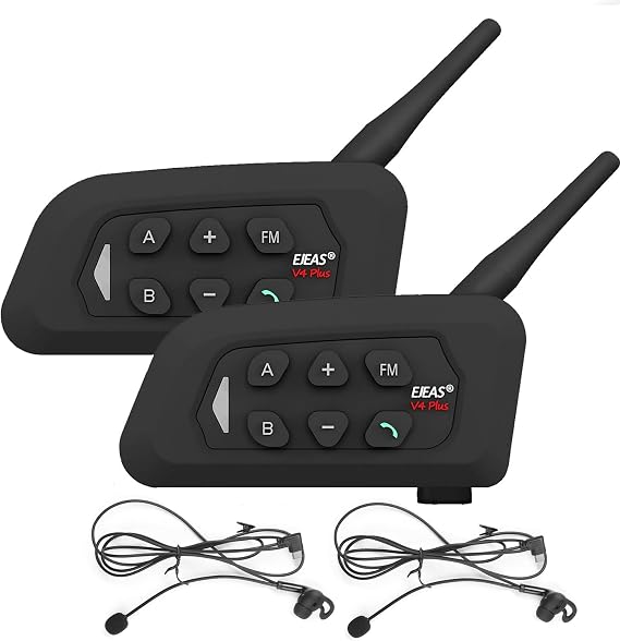 EJEAS V4C Motorcycle Bluetooth Intercom Headset Waterproof Communication System for 4 People within Range of 1500 m Motorcycle Helmet Intercom Compatible with EUC Remote Control USB-C (2 Pieces)