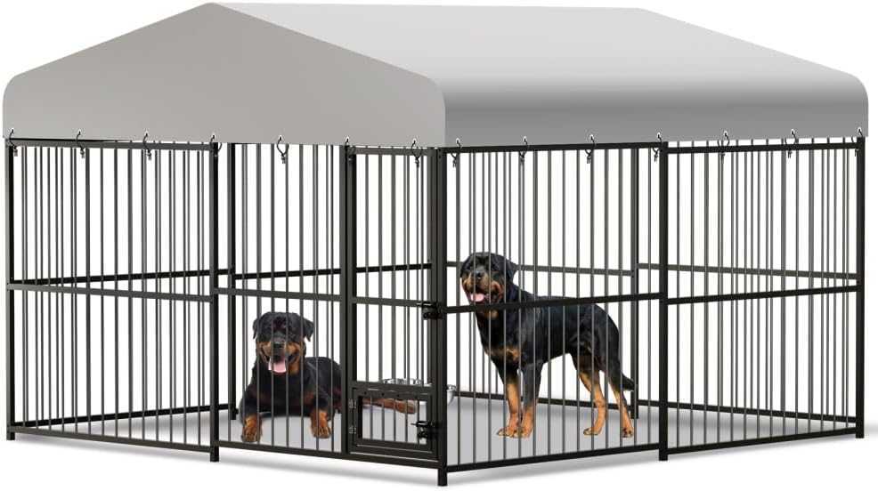 Dog Kennel Outdoor, 10x10FT Outdoor Dog House with 2 Stainless Steel Bowl, Waterproof Cover, Iron Guardrails, Rust Resistance Metal Poultry Cage for Backyard, Garden