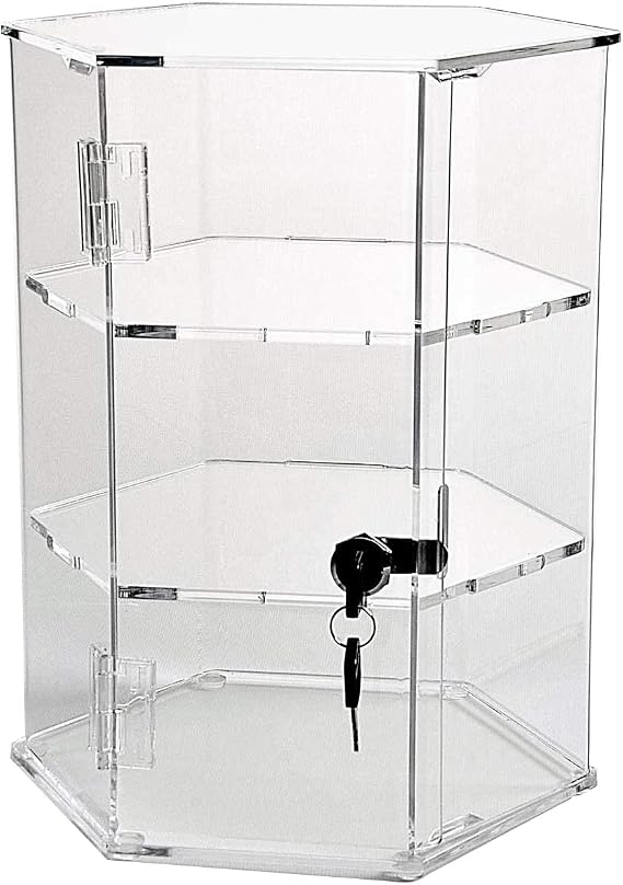 Hexagonal Acrylic Display Case - Locking (HX12-12" Tall - 2 Shelves)