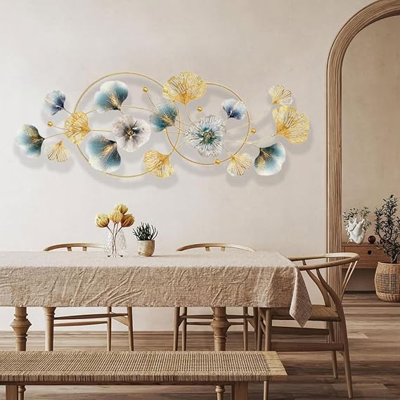 JILIP Large Metal Wall Art Decor, 48 * 20" 3D Ginkgo Leaf Metal Wall Sculptures, Golden Wall Mounted Hanging Artwork Signs, for Kitchen Bedroom Living Room