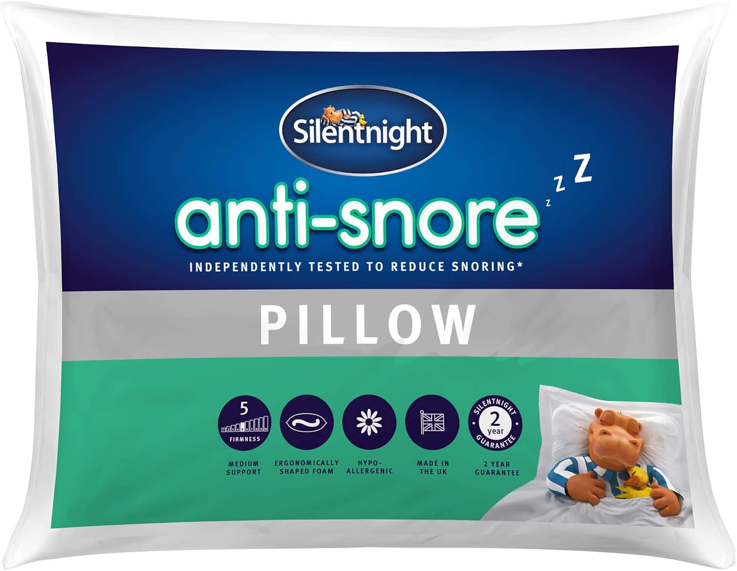 Silentnight Polyester Anti-Snore Pillow Ergonomically Designed with Contoured Foam Providing Head and Neck Support to Reduce Snoring – Hypoallergenic and Medium Support, White , Pack of 1
