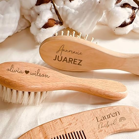 Customize Wooden Baby Brush & Comb Set - TESFANS Newborn Goat Bristle Hair Care Essentials, Engraved Toddler Gift for Baby Girls Personalized