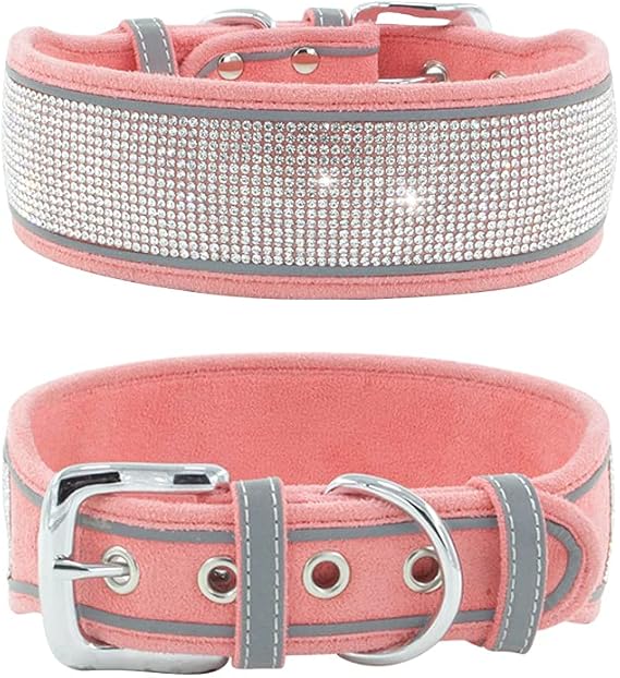 Rhinestone Dog Collar, Dazzling Sparkling Soft Suede Reflective Large Dog Collar Crystal Diamond Collar for Medium & Large Dogs (M:15-19'', Pink), Clear,Pink