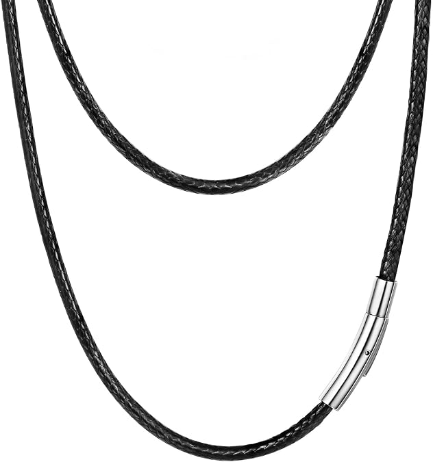 PROSTEEL Mens Leather Necklace Cord, 3mm Width Black Braided Rope Chain with Stainless Steel Clasp, Waxed Waterproof 16"-30" Length (with Gift Box)