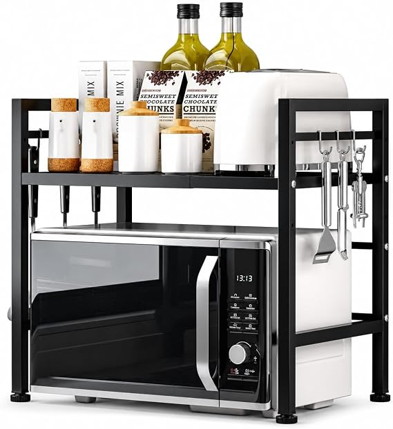 Expandable 2 Tier Microwave Oven Rack Stand For Kitchen Counter - Adjustable Carbon Steel Storage Shelf With Hooks, Heavy Duty Microwave Stand Organizer, Space Saving Countertop Shelf For Kitchen