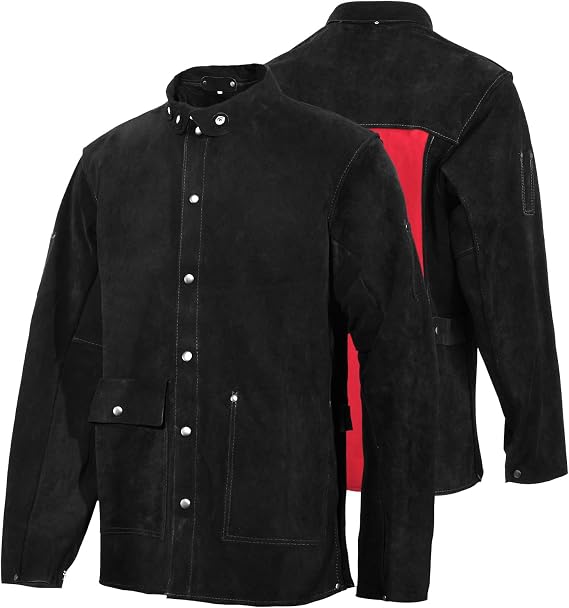 QeeLink Leather Welding Jacket, Heat & Flame Resistant Black Welder Jacket