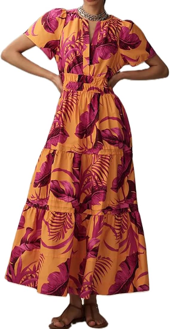 Womens Summer Flutter Sleeve Floral Printed Maxi Dress Boho Smocked Waist Tiered Ruffle Flowy Long Beach Dress