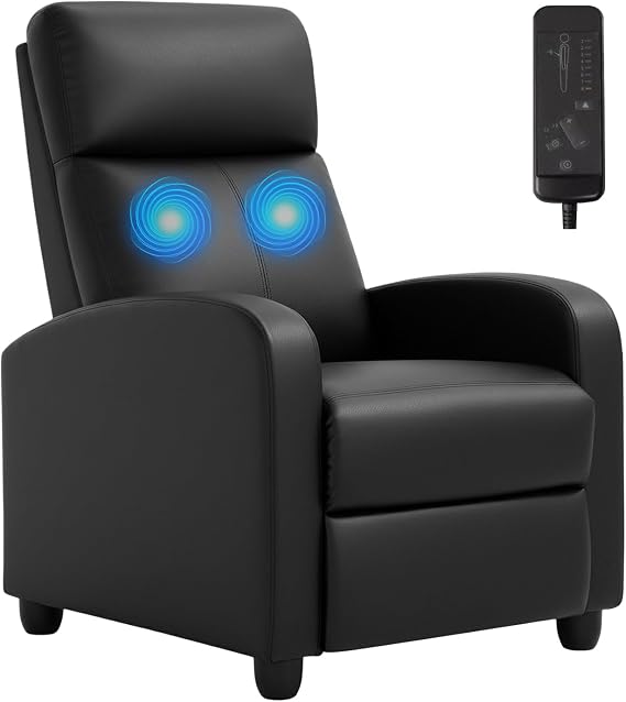 PayLessHere Recliner Chair Single Reclining Sofa Home Theater Seating with Lumbar Support and Padded Backrest for Living Room and Bedroom (Leather, Black-Massage)