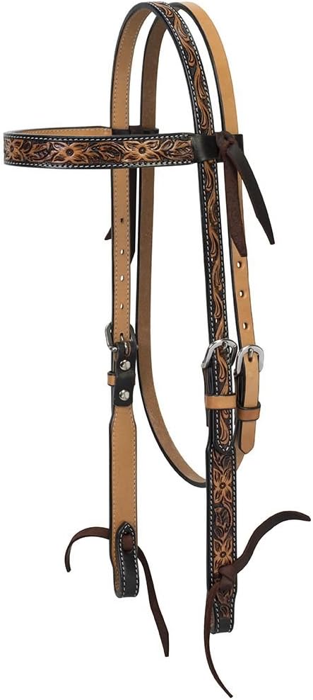 Turquoise Cross Floral Tooled Browband Headstall Light Oiled Horse Size 45-0100
