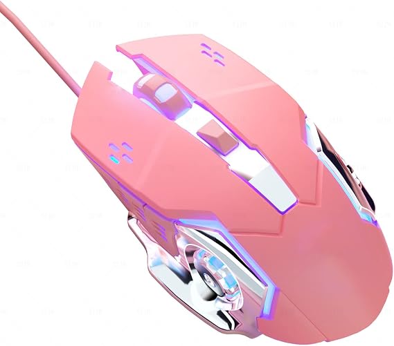 Wired Gaming Mouse, RGB Backlit Optical USB PC Gaming Mouse, Ultra Light Quiet Click, Universal USB-C Connection, 4-Level Adjustable DPI Mouse Pink
