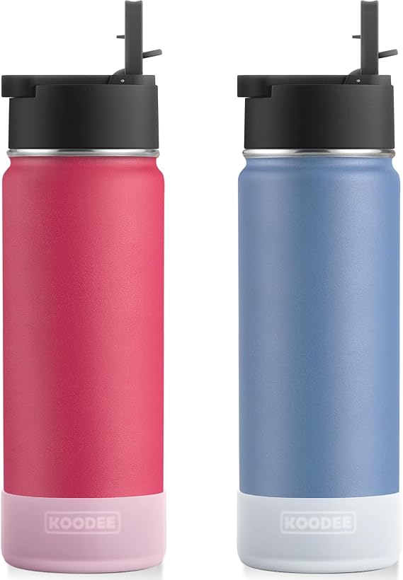 koodee 2 Pack Water Bottle 22 oz Stainless Steel Double Wall Vacuum Insulated Water Bottle With Straw Reusable BPA Free (Canyon Red-Royal Blue)