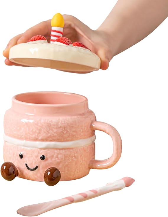 Novelty Coffee Mugs - 400ml Ceramic with Lid Spoon | GLASKEY Coffee Beake, Cake Shaped Aesthetic Mug Tea Cup, for Women Birthday Hot Cold Water Milk, Novelty Xmas Mug, Silly Present