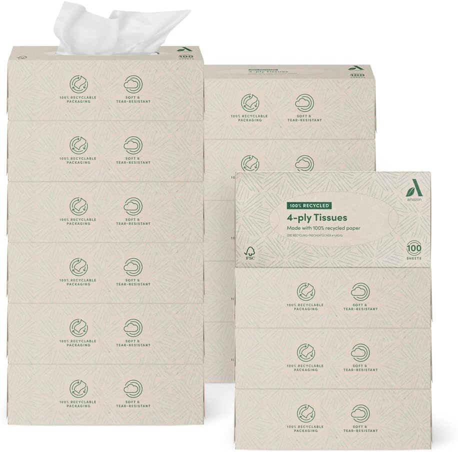 Amazon Aware 4-Ply Facial Tissues Produced from 100% Recycled Paper, 1500 count 15 packs of 100 sheets