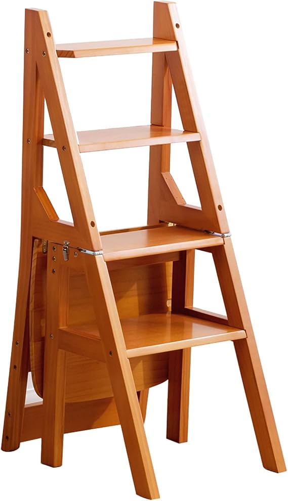 Solid Wood Folding Library Ladder Chair Step Ladders Step Chair Foldable 4-Step Stool Dual Purpose Stepladders 4-Step Climb Step Display Stand Flower Stand (Color : Brown, Size : 46x35x90CM)