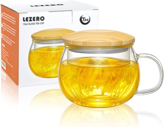 13oz Clear Glass Tea Mug with Filter and Lid for Blooming & Loose Leaf Tea