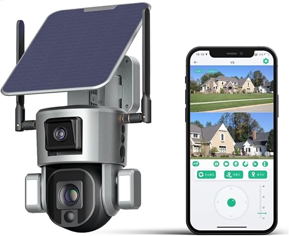 Sky Tower 4K UHD Ultra Low Power WiFi Wireless Dual Camera Linkage Built-in Solar Panel Waterproof Two-Way Audio Surveillance Cameras with App, TF Card & Cloud Storage (Optical 10X Zoom PTZ Lens)